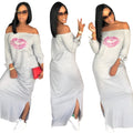 Women's split side lip print cake dress in milk silk fabric, long skirt, black colour, mid waist