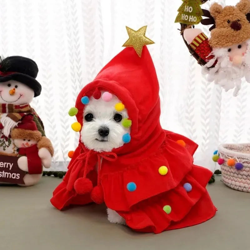 Green and red Christmas pet cloak dog shawl in sizes S M L with width height and head measurements