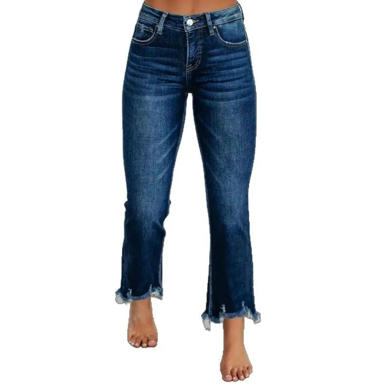 Women's solid colour cotton denim jeans with hand-worn detailing in dark blue and light blue.