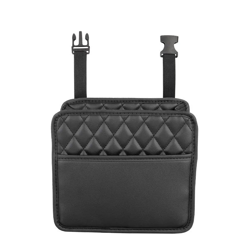 Black leather hanging chair-shaped storage bag for car interior use.