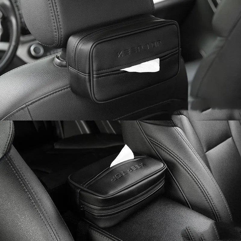 Leather car storage box with PU hanging strap in black and beige colour options