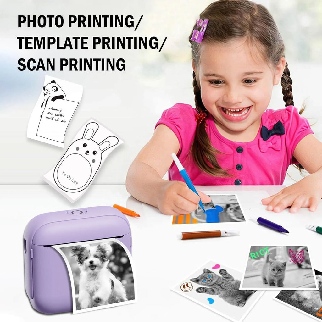 Mini HD Bluetooth thermal printer, 85 x 35 x 80mm, Beige Green Purple, label printing