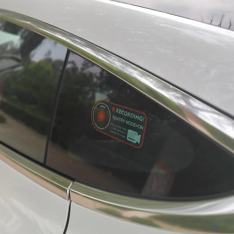 Tesla sentry mode warning sticker, white PVC electrostatic decal measuring 11x5cm