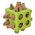 Dog cube molar teething toy in polyester, 18cm x 18cm x 10.5cm, available in yellow or green