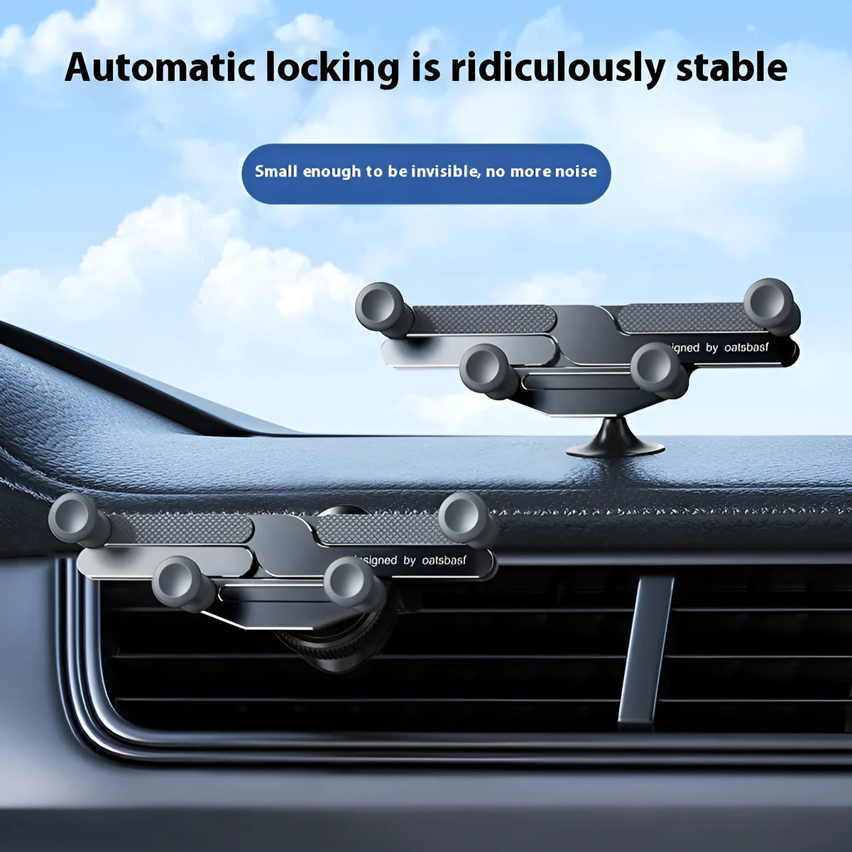 Universal anti-shake alloy car gravity bracket for air outlet, shown in black, grey, or silver