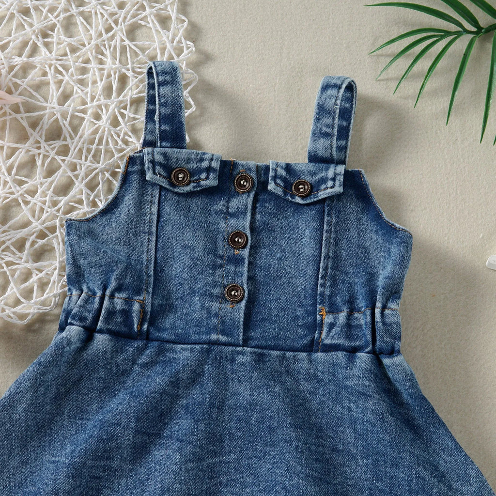 Baby girl cotton denim strap dress in casual suspender skirt style, sizes 80cm to 120cm