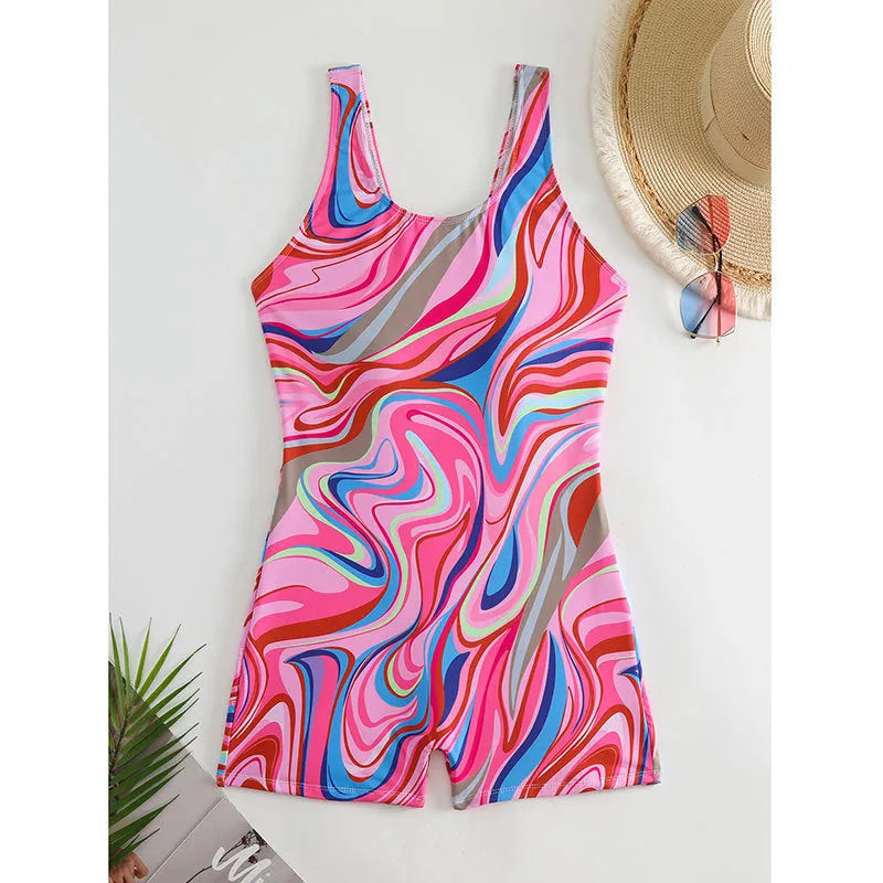 Printed women's one-piece swimsuit with high-waist design and backless styling for swimming