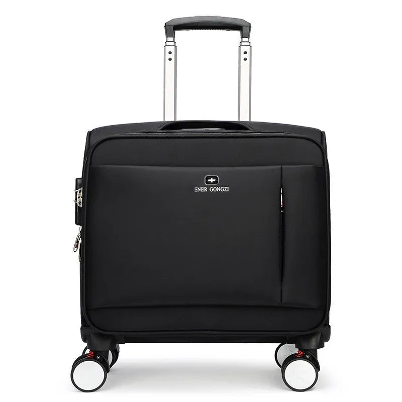 18-inch black Oxford cloth boarding suitcase with retractable handle and universal wheels