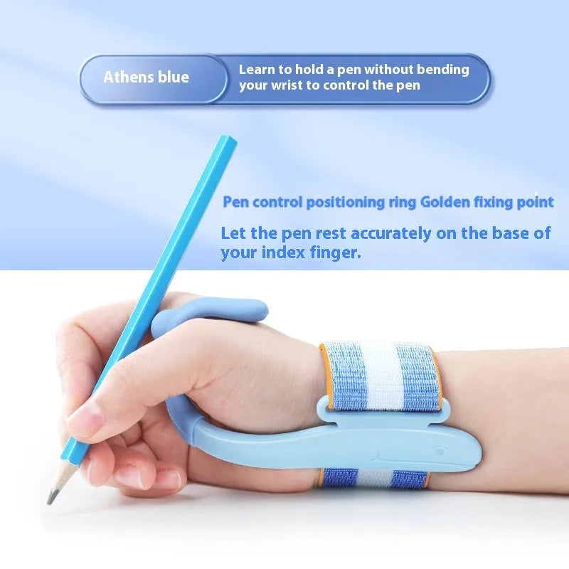 Blue anti-hook wrist brace corrector for handwriting posture and pencil grip training