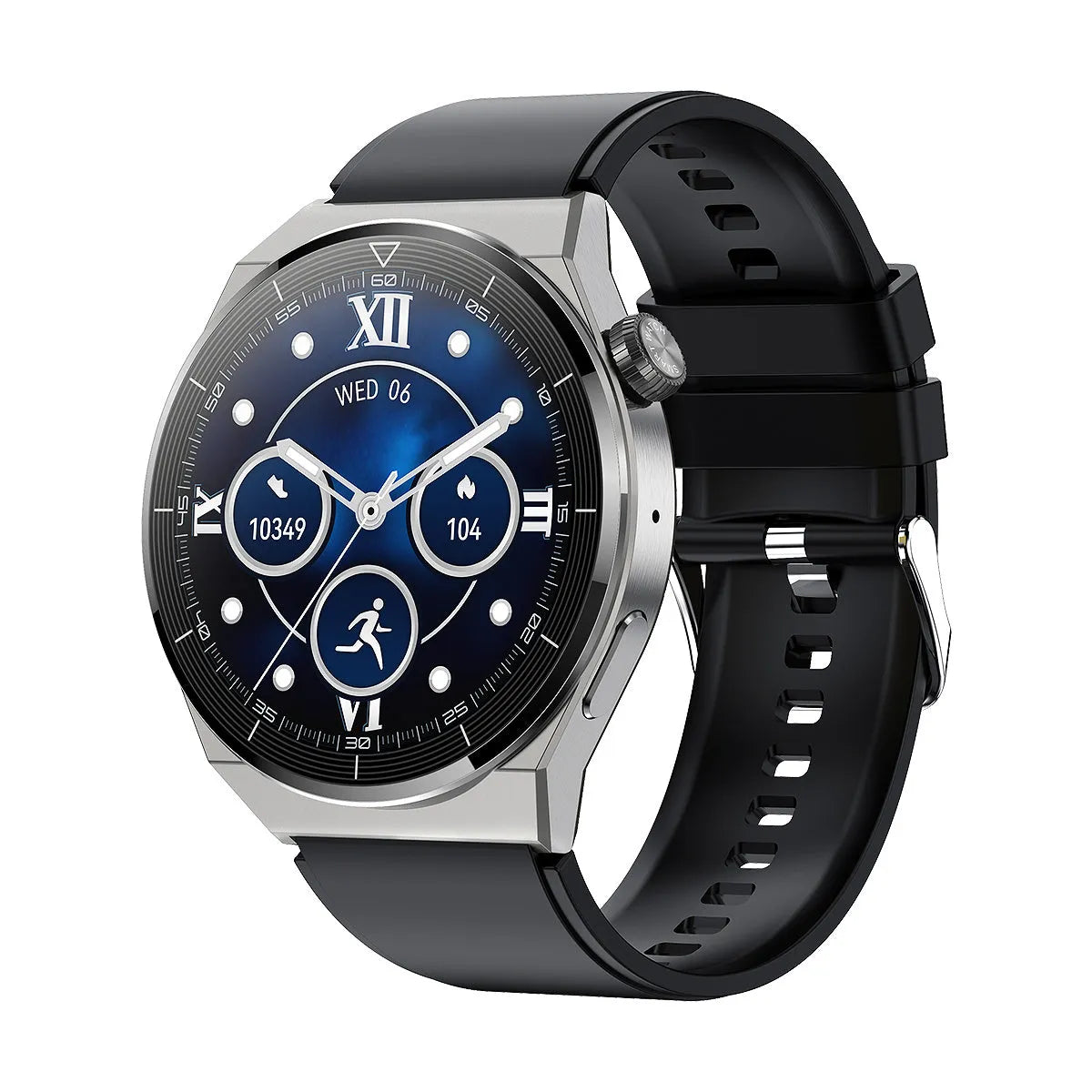 Round Bluetooth smart watch with NFC on a black silicone strap, showing call screen.