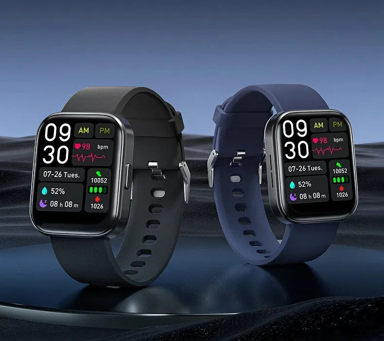 Smartwatch with 1.7 inch glass screen, heart rate blood oxygen sleep monitoring, and phone notifications, in blue colour