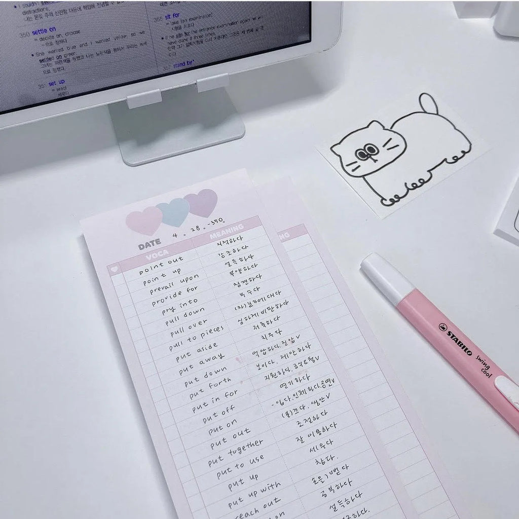 B5 half-size notepad with vertical English words printing in pink, purple, and blue cover colours.