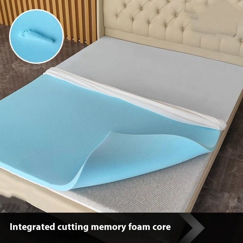 Thin gel memory foam tatami mattress on a floor, showing its slim profile and regenerated cellulose fabric cover.
