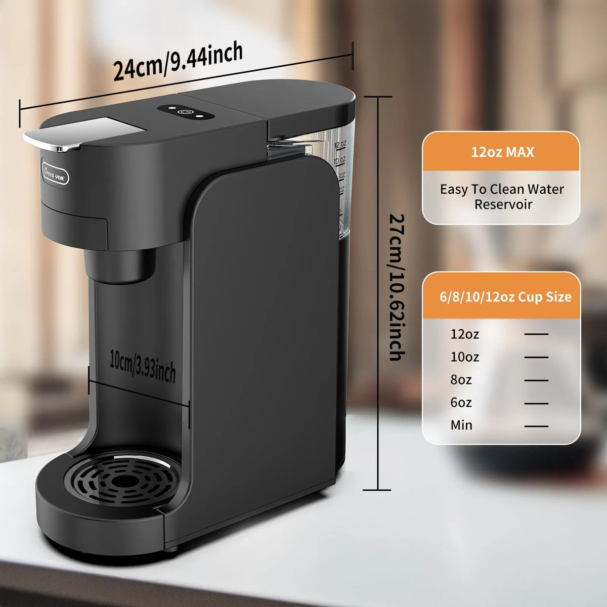 Black and white compact K-Cup capsule coffee machine with transparent water tank on kitchen counter.