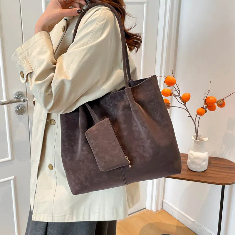 Women's large-capacity matte suede shoulder bag in horizontal rectangle shape with stitched seams
