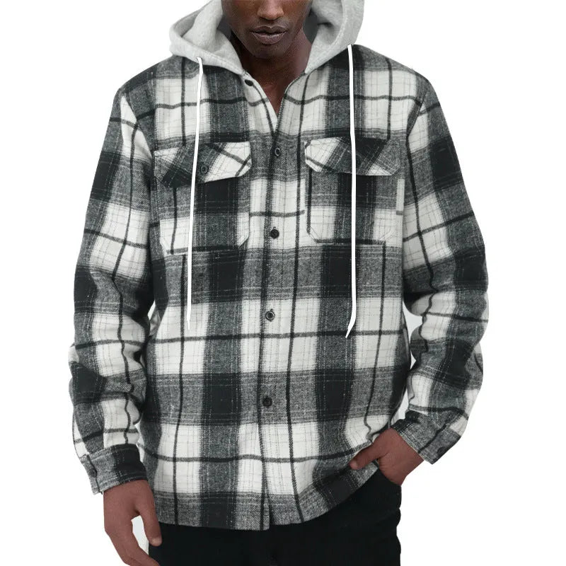 Gray plaid hooded flannel shirt for men, loose casual long sleeve jacquard cardigan, sizes S-XXXL