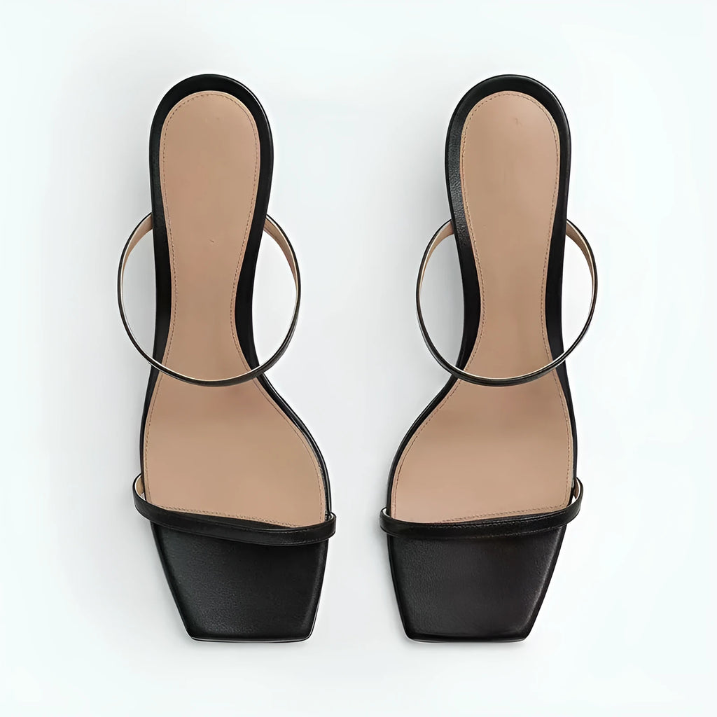 Women's open toe slippers with square toe bracket in black and apricot PU leather sizes 34 to 43