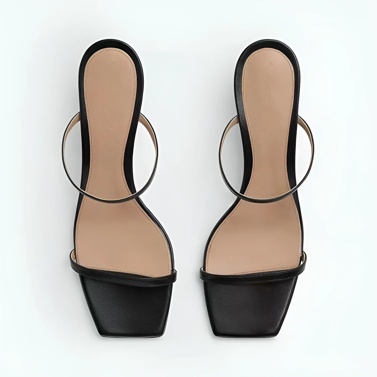 Women's open toe slippers with square toe bracket in black and apricot PU leather sizes 34 to 43