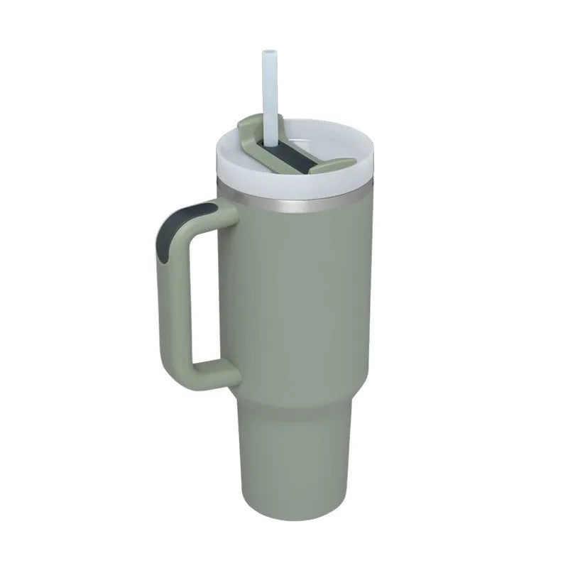 40 oz insulated stainless steel tumbler with handle straw and spill proof lid in a tapered design for car or gym use