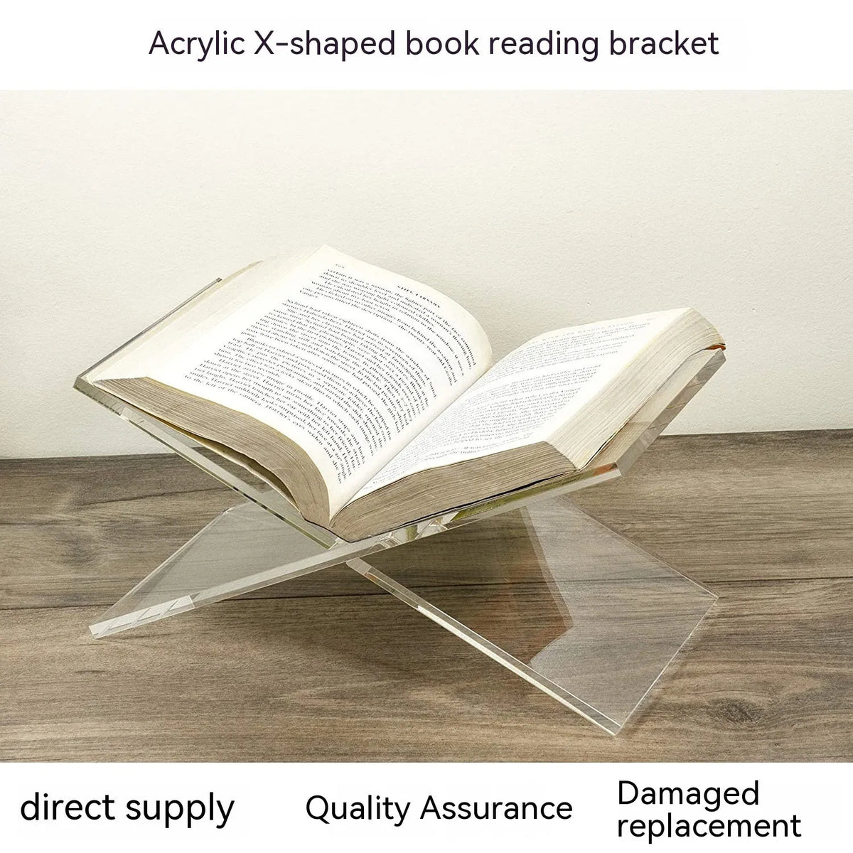 Clear acrylic X-shaped desktop book display rack holding a book.