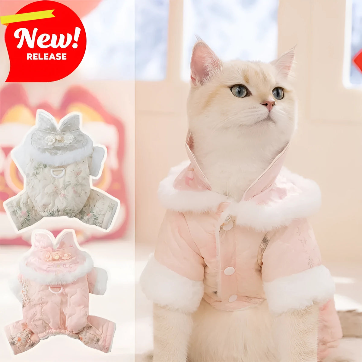 Thick cotton-padded 4-legged dog overalls with Chinese floral pattern faux fur collar and pearl-like buttons in blue