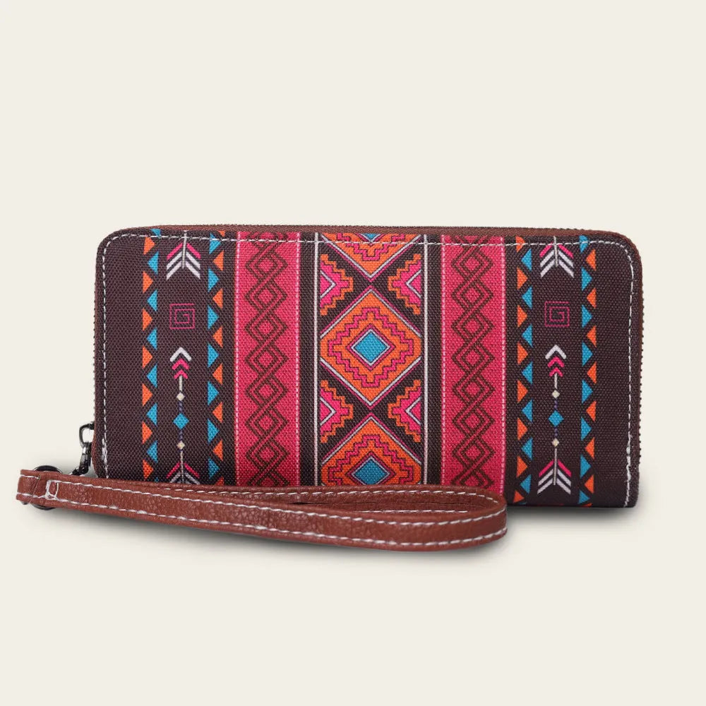 Bohemian striped canvas RFID-blocking wallet showing wind belt design in beige colour