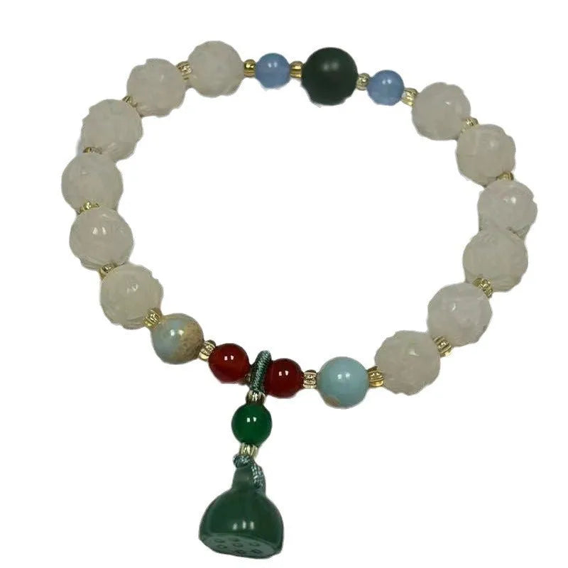 Hand-carved pumpkin lotus beads bracelet in white jade and bodhi root with multiple bead sizes