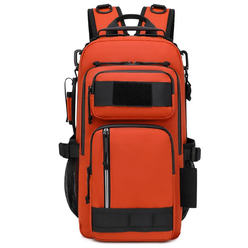 Large solid-colour outdoor backpack with hiking straps in orange, black, CP, or Black Scorpion.