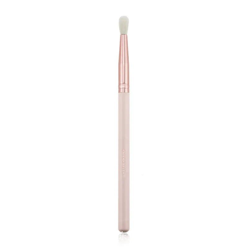 26 pink makeup brushes with wooden handles in storage bag