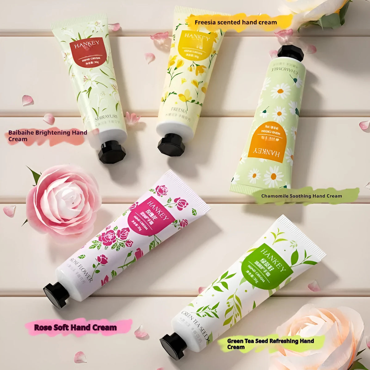 30g tube of fruit-infused hand cream with eleven scent options including avocado, chamomile and rose