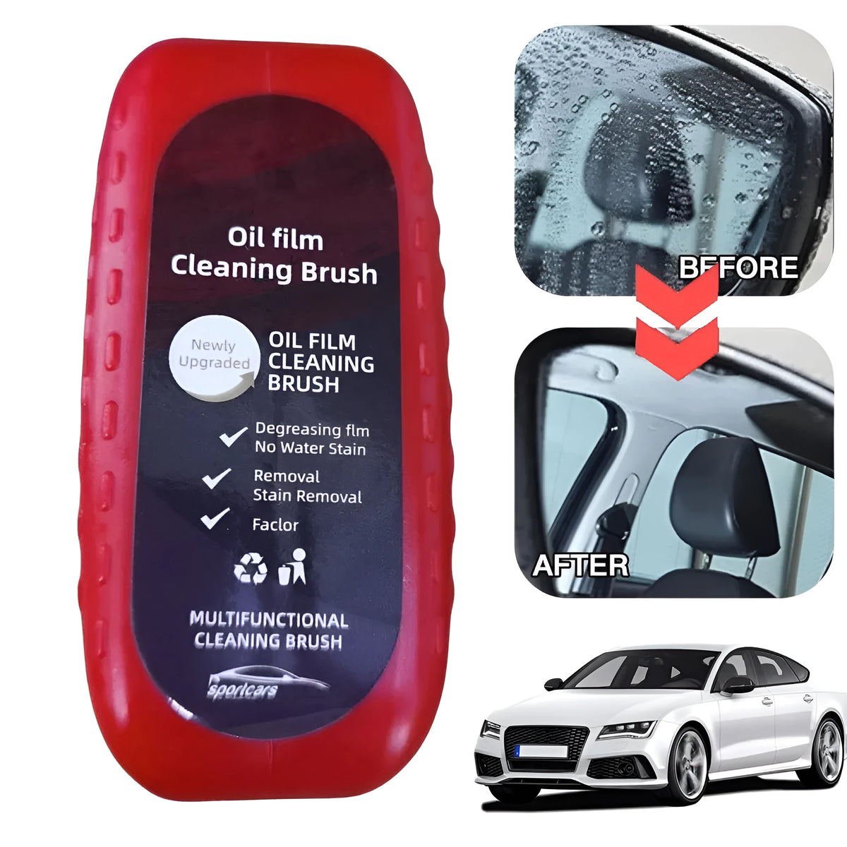 Red automotive oil film cleaning brush with 120ml cleaning solution for car windshield and glass