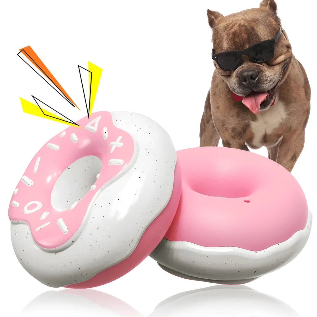 TPR molar teeth cleaning donut dog toy with sound rattle in pink, yellow, and chocolate colours