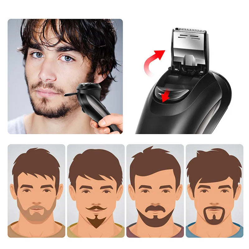 Rechargeable electric shaver for men with three floating heads and a pop-up sideburn trimmer on a stand.