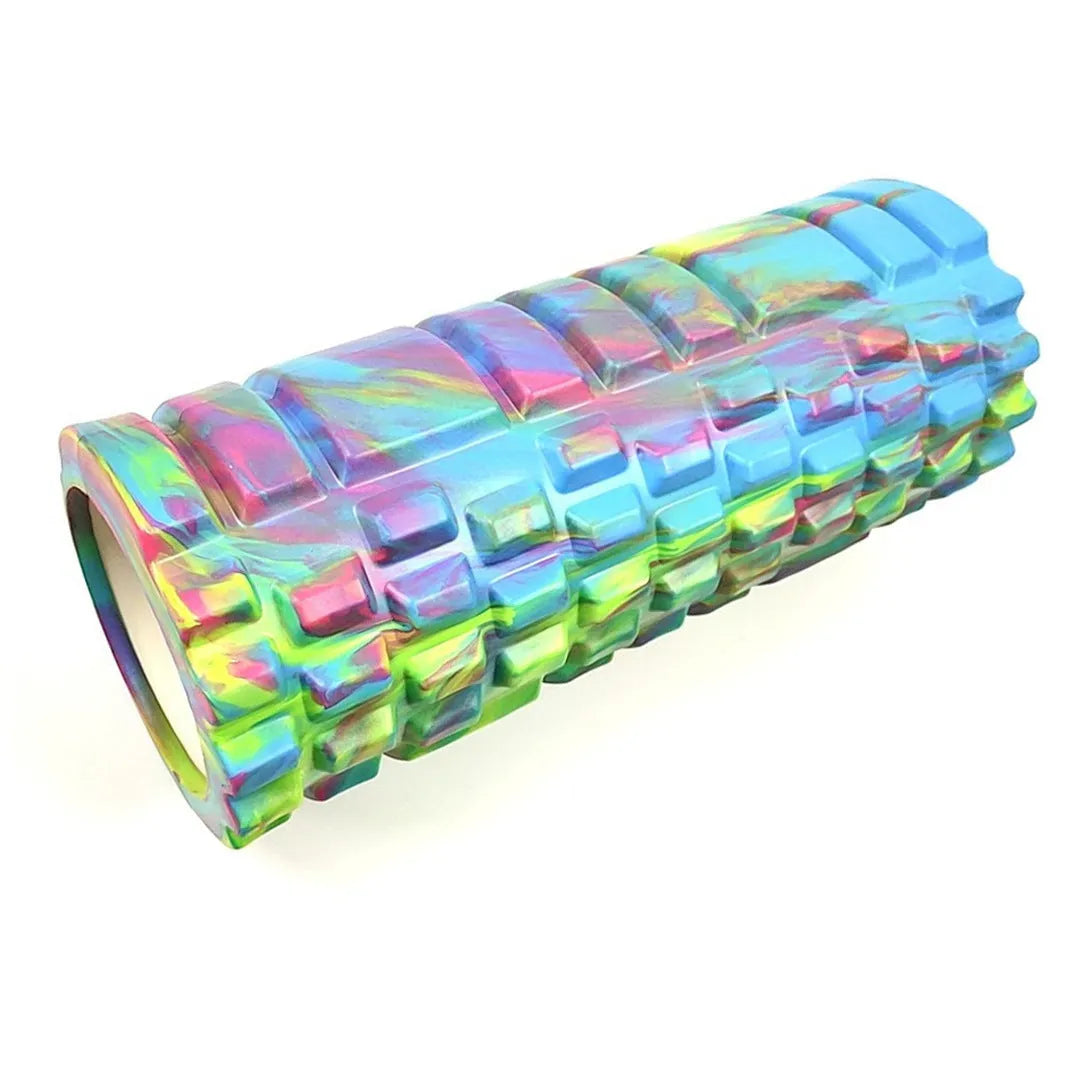 33cm camouflage EVA foam roller in blue green yellow pattern for fitness and massage