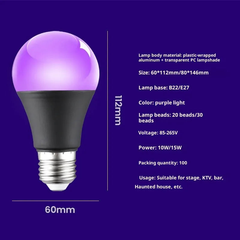 A19 LED bulb 12W UV violet fluorescence purple light with socket power supply and IP44 rating