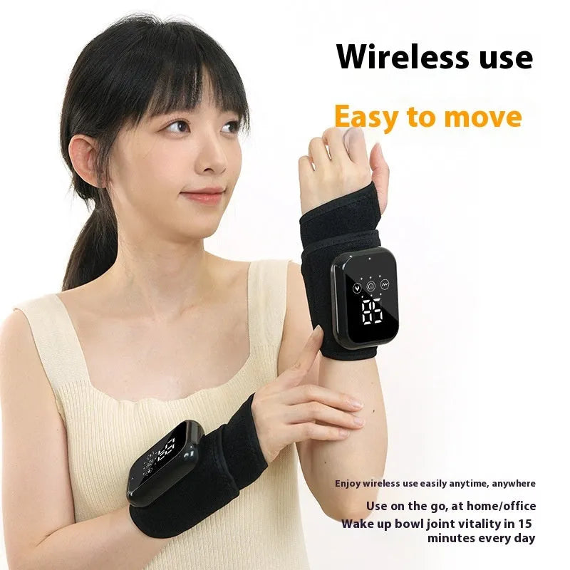 Black rechargeable electric heating ankle sleeve wrapped around an ankle