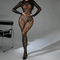 Women's black fishnet lingerie one-piece with long sleeves and backless design
