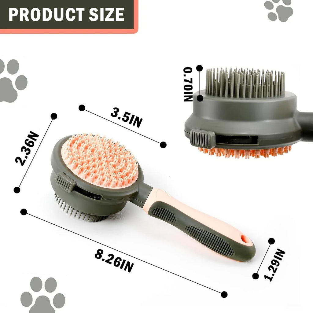 Pink and green double-sided cat brush with flea comb and release button for pet grooming.