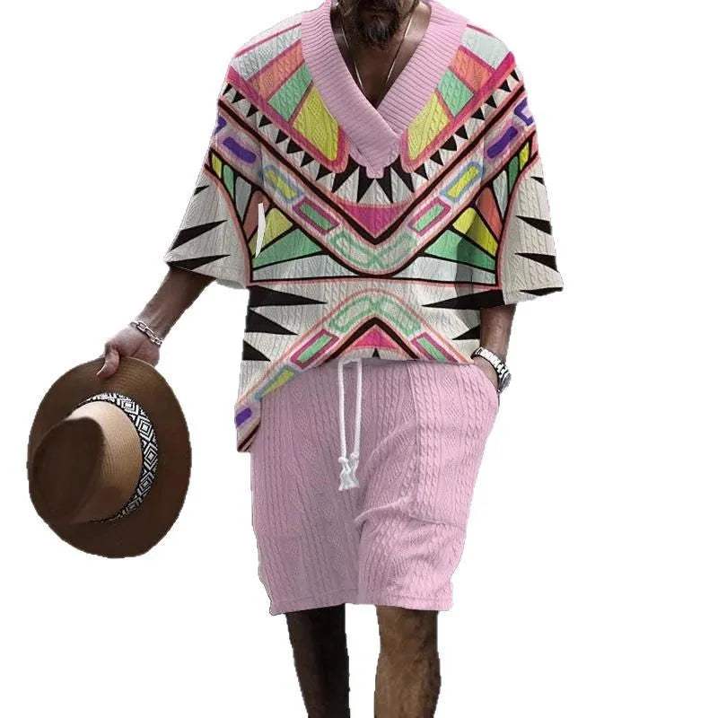 Loose casual short sleeve suit with matching shorts in polyester fabric