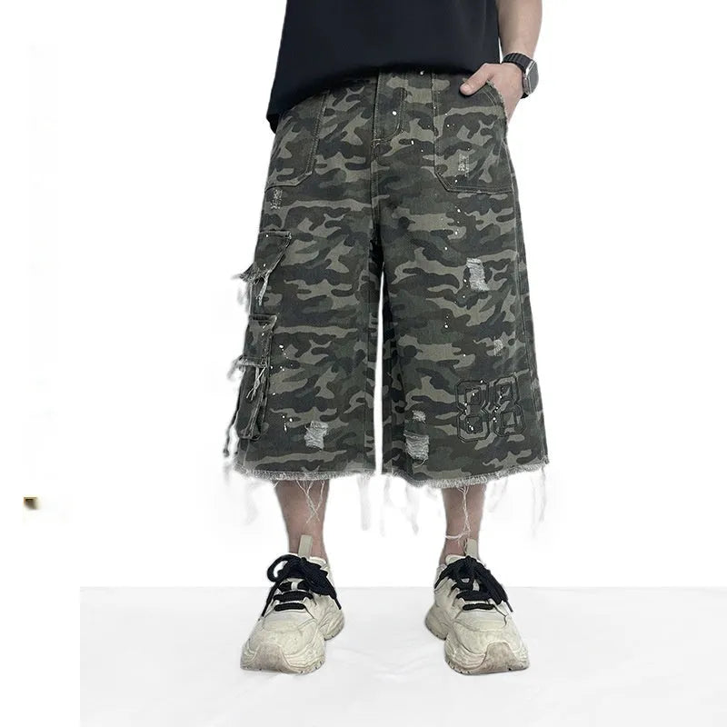 Camouflage casual shorts, cotton wide leg summer workwear burrs set, sizes S to 2XL