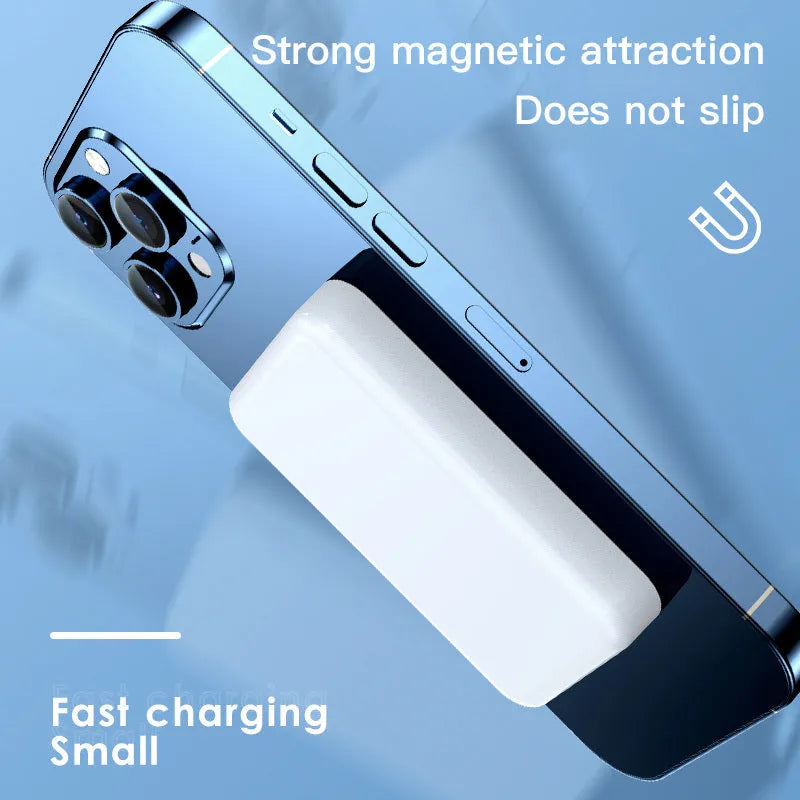 Mobile wireless magnetic plastic power bank in pink purple white colours showing 20000mAh capacity