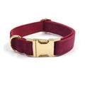 Soft burgundy velvet dog collar with gold metal clasp, available in XS to XL with optional engraving