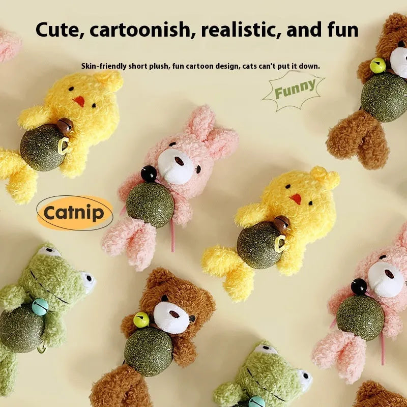 Plush cat toy shaped as a bear, rabbit, frog or bird with a mint ball, measuring 15cm high.
