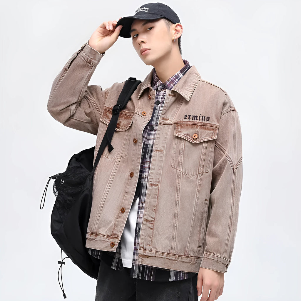 Men's vintage denim jacket in brownish red, loose fit, cross detail, lapel collar, cotton denim, sizes M-5XL.