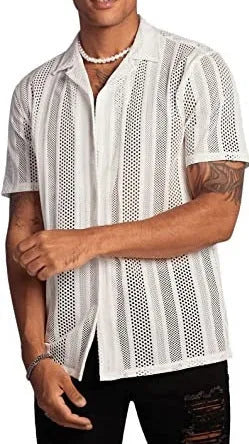 Men's black knitted short-sleeved cardigan shirt with jacquard pattern and button front.