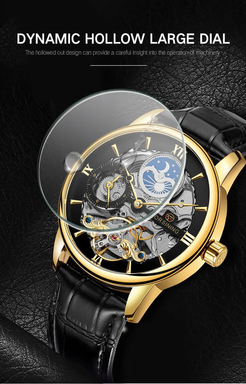 Automatic mechanical watch with hollow moon dial, 13.5mm thick, gold or silver case, black gold blue or white face