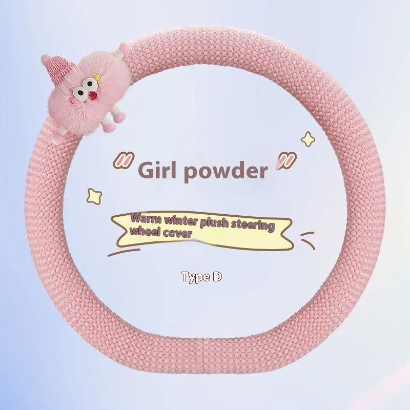 Car plush polo cartoon steering wheel cover in soft short plush material with 38cm diameter in multiple colour options