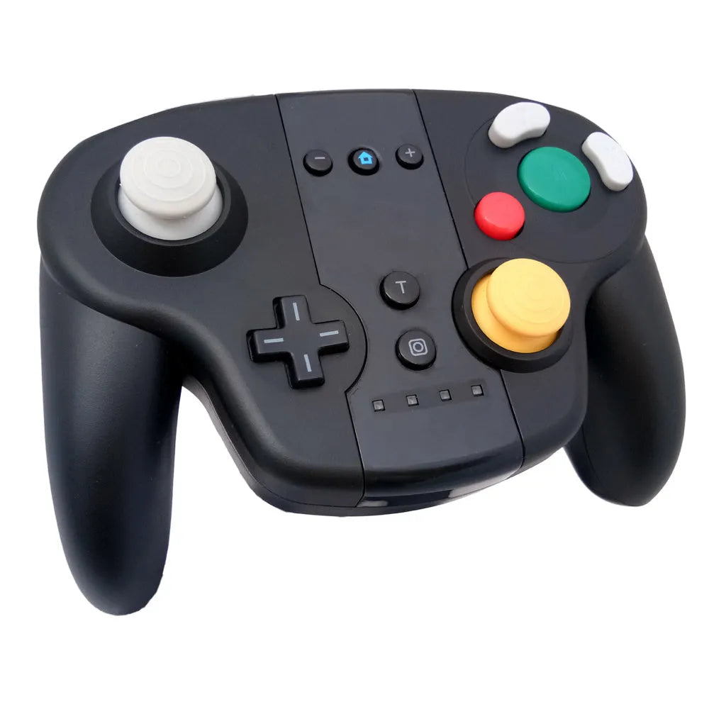 Black wireless gamepad with NFC reader, for Nintendo Switch and Windows PC, beside its USB-C cable and colour packaging box.