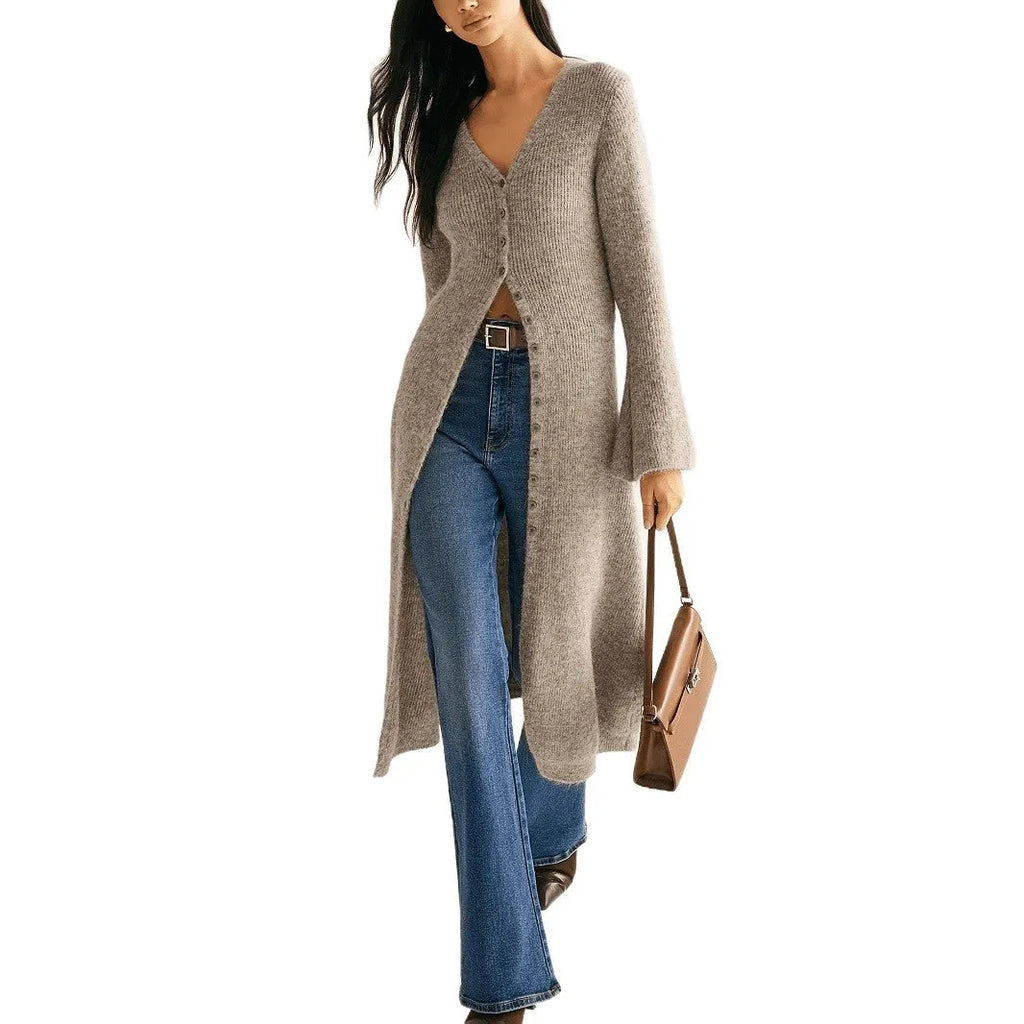 Khaki coloured long sleeve button-front cardigan with a French retro style on a hanger.