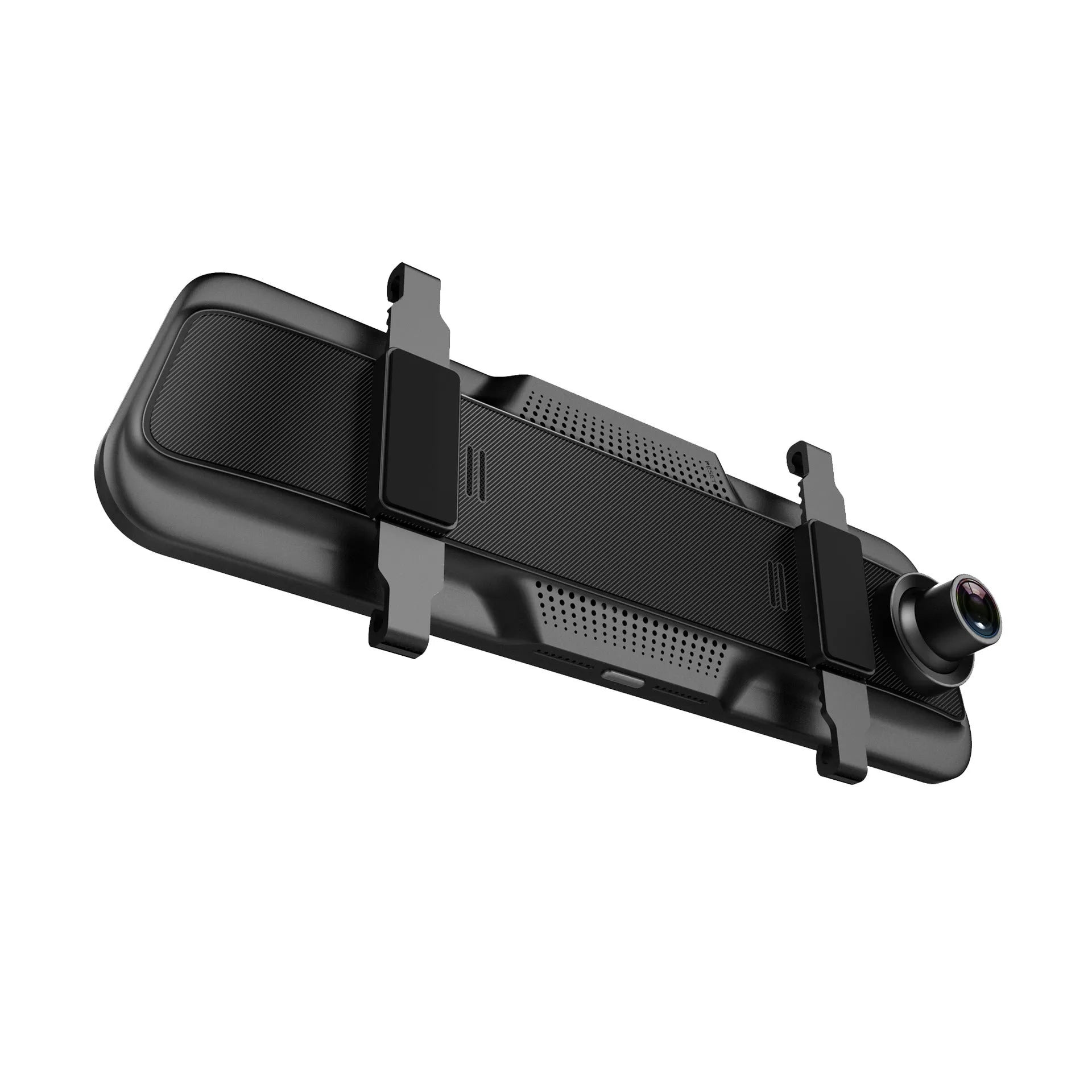 Black rearview mirror style driving recorder with large touch screen display mounted in a car